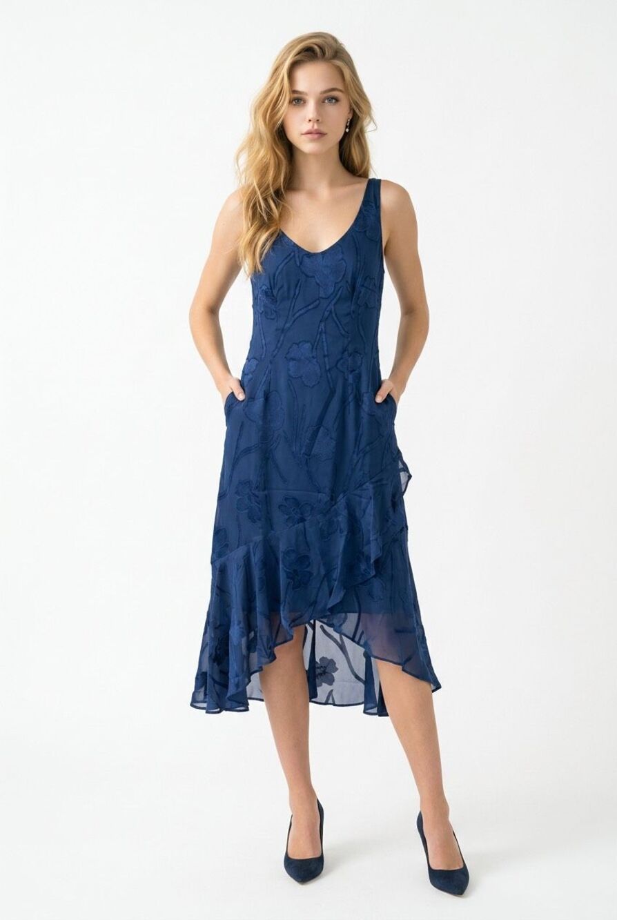 Msglamor Floral Navy  Chiffon Sleeveless Evening Gown Asymmetrical Hem Sz S NWT